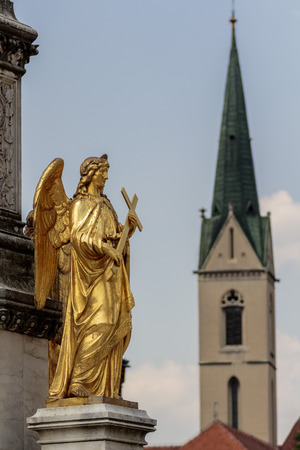 Gold Angel sculpture, fountain in front of cathedral in Zagreb, Croatiaのeditorial素材