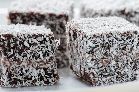 Australian Lamington cake on white plateの写真素材