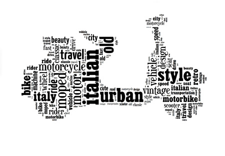 Word cloud in the shape of old scooter. Black letters on white backgroundの写真素材