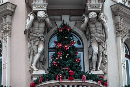 ZAGREB, CROATIA - JANUARY 08, 2017: Holiday Tree decorating balcony on old building in downtown of Zagrebのeditorial素材
