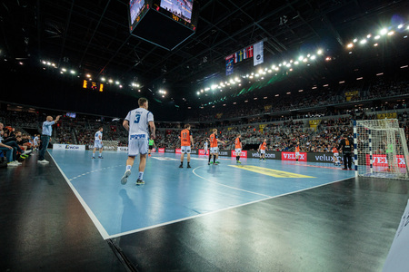 ZAGREB, CROATIA - FEBRUARY 25, 2016: EHF Champions League PPD Zagreb VS IFK Kristianstad. Wide view of Arena playing groundのeditorial素材