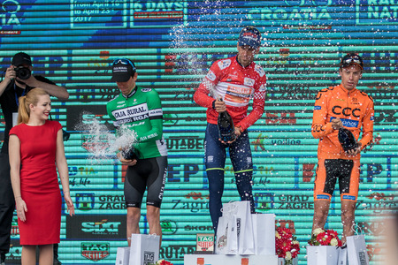 ZAGREB, CROATIA - APRIL 23, 2017: Bicycle race Tour of Croatia 2017. Cyclists driving the last stage in city of Zagreb. Winner Vincenzo Nibali Bahrain Merida Pro Cycling Teamのeditorial素材