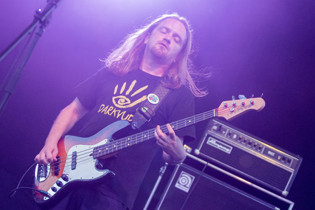 ZAGREB, CROATIA - JUNE 27, 2017: Zagreb Rockfest.Jakov Males bass guitar player of the band M.O.R.T....