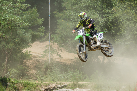 ZAGREB, CROATIA - JULY 02, 2017: Croatian Motocross championship. Motocross racer jumps in the airのeditorial素材