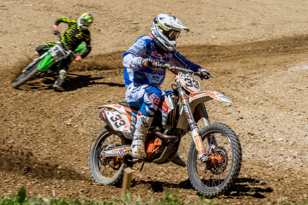 ZAGREB, CROATIA - JULY 02, 2017: Croatian Motocross championship. Motocross racers racing on the off-road circuitのeditorial素材