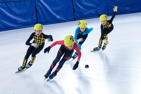 ZAGREB, CROATIA - NOVEMBER 04, 2017: Speed skating Alpe Adria Cup Zagreb. Kids athlete speed skaters on short trackのeditorial素材