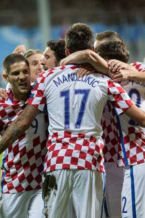 RIJEKA, CROATIA - OCTOBER 06, 2017: European qualifier for 2018 FIFA World CUp Russia. Croatia vs Finland. Mario Mandzukic (17) celebrating goalのeditorial素材