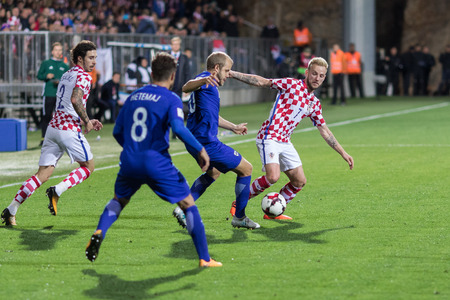 RIJEKA, CROATIA - OCTOBER 06, 2017: European qualifier for 2018 FIFA World CUp Russia. Croatia vs Finland. Ivan Rakitic (7) in duelのeditorial素材