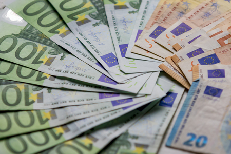 Euro currency money cash money, used euro billsの写真素材