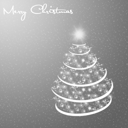 Merry Christmas card with snow and tree on gray backgroundの写真素材