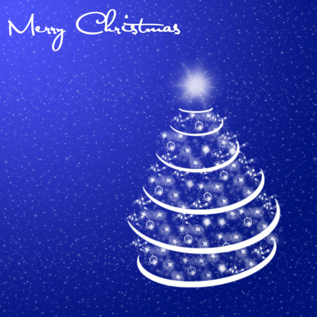 Merry Christmas card with snow and tree on blue backgroundの写真素材