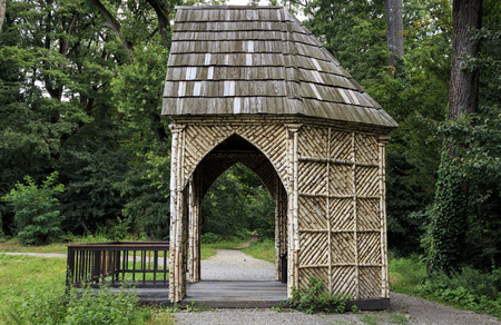 Birch wood fishing house on lake in park Maksimir, Zagreb Croatiaの写真素材