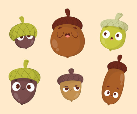 Collection of Kawaii-style acorns with different expressionsのイラスト素材
