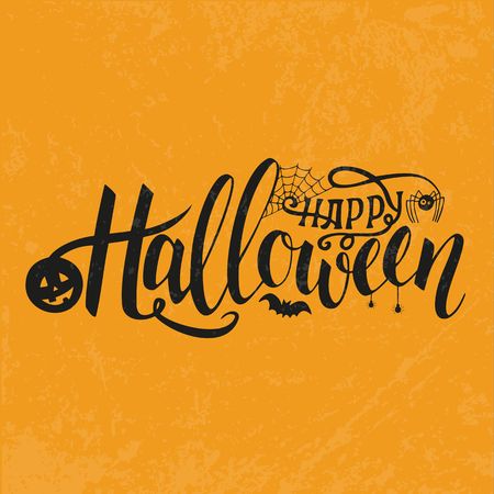 Vector illustration for Halloween. Happy Halloween Text Banner. Poster for Halloween on color background. Autumn poster with pumpkin, web, bat, spider.のイラスト素材