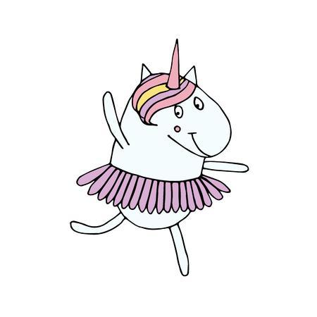 Illustration of unicorn ballerina in skirt. Card for kid. Cute magic cartoon fantasy. Design for childrenの写真素材