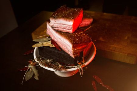 Slices of red meat on a wooden board on a dark backgroundの写真素材
