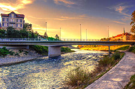 Tiny river, little bridgeの写真素材