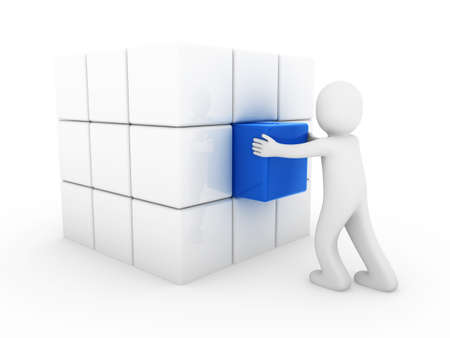 3d human business cube blue isolated white backgroundの写真素材
