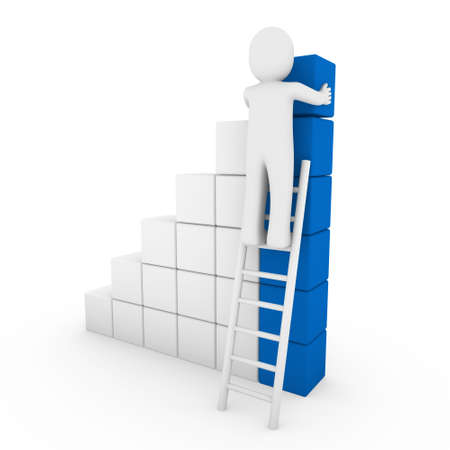 3d human cube ladder blue white success business isolatedの写真素材