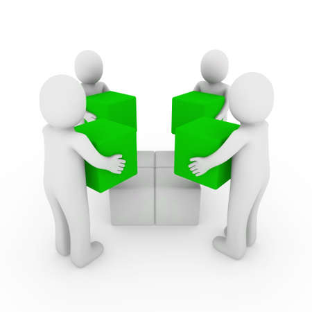 3d people cube box team green white businessの写真素材