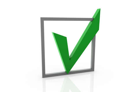 3d green check box isolated on white backgroundの写真素材