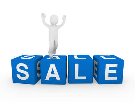 3d human sale cube blue jump forward businessの写真素材