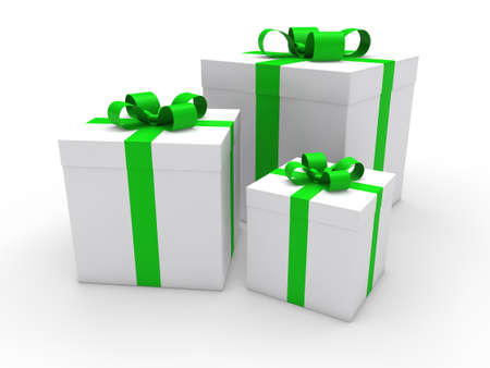 3d gift box green white christmas ribbonの写真素材