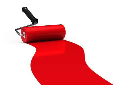 3d paint roller red color ground whiteの写真素材