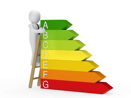3d business man on ladder energy barの写真素材