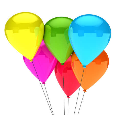 colorful balloon with black cord white backgroundの写真素材