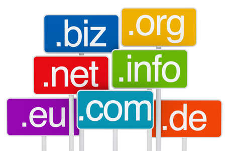 many colorful domain signboards on white backgroundの写真素材
