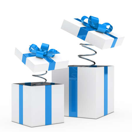 christmas blue white gift box with ribbonの写真素材