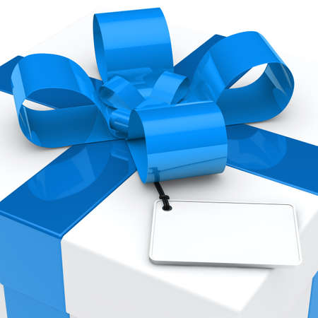 christmas white gift box blue ribbon signboardの写真素材