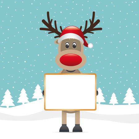 rudolph reindeer red nose hat holding signboadの写真素材