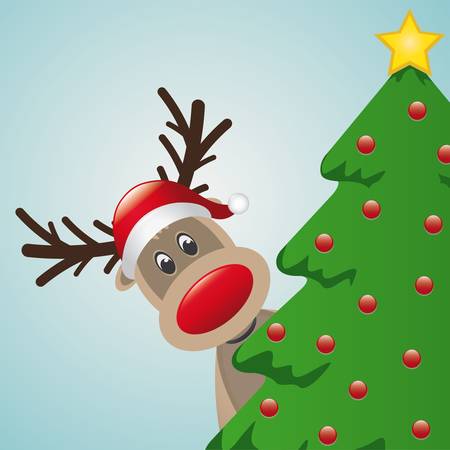 reindeer with santa hat behind christmas treeのイラスト素材