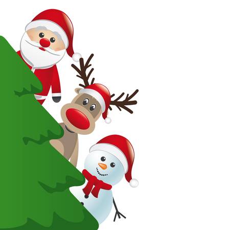 santa reindeer and snowman behind christmas treeのイラスト素材