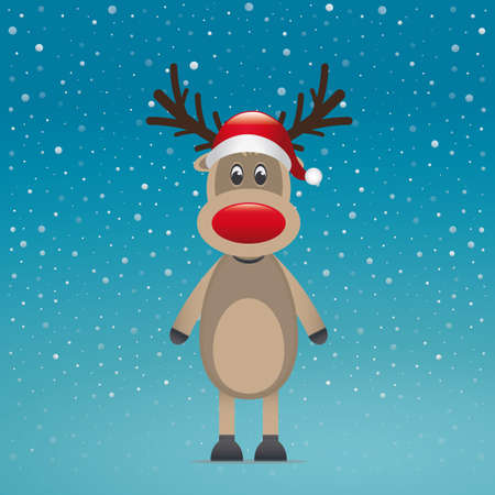 reindeer with red hat blue snow backgroundのイラスト素材