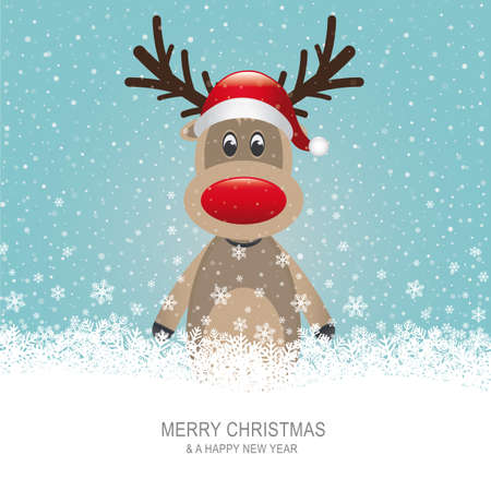 reindeer with red hat brown snow backgroundのイラスト素材