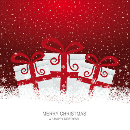 christmas gift boxes on snowy red backgroundのイラスト素材