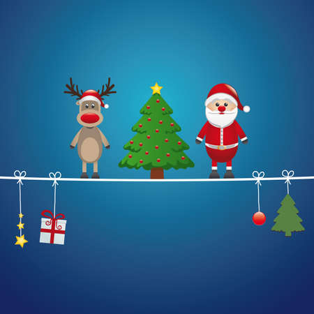 santa reindeer tree on twine blue backgroundのイラスト素材