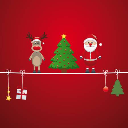 santa reindeer tree on twine red backgroundのイラスト素材