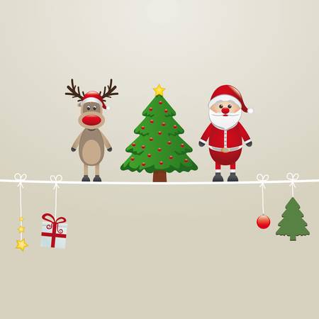 santa reindeer tree on twine brown backgroundのイラスト素材