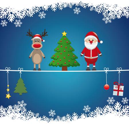 santa reindeer tree on twine snow backgroundのイラスト素材