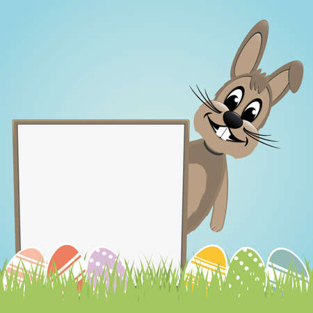 easter bunny behind signboard colorful eggsのイラスト素材