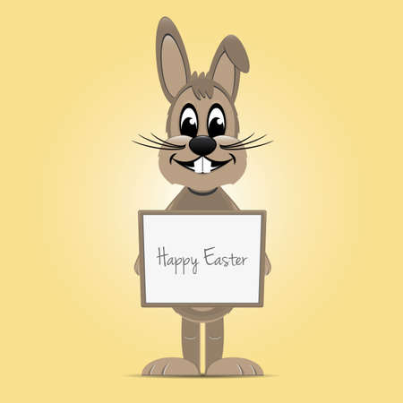 brown easter bunny hold signboard yellow backgroundのイラスト素材