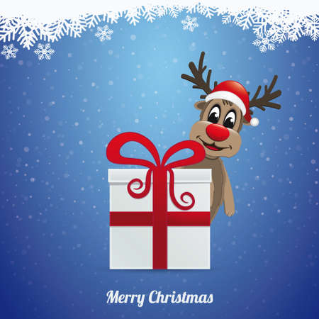 reindeer hat winter landscape behind gift boxのイラスト素材
