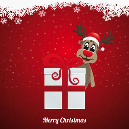 reindeer hat winter landscape behind gift boxのイラスト素材