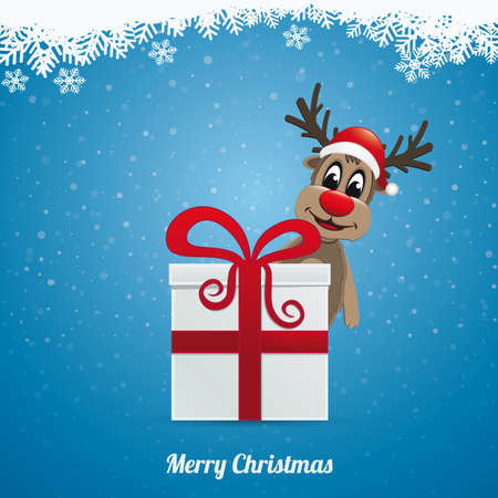 reindeer hat winter landscape behind gift boxのイラスト素材