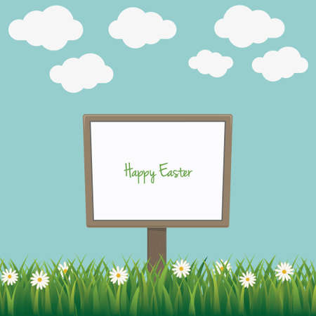 happy easter sign board on daisy lawnのイラスト素材