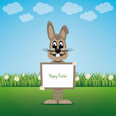 bunny hold sign on daisy lawn of happy easterのイラスト素材